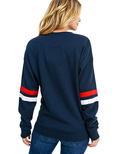 esstive Women's Ultra Soft Fleece Lightweight Casual Stripe on Sleeves Varsity Solid Sweatshirt, Navy, Medium