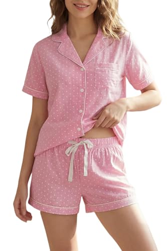 Image of LUBOT 100% Cotton Pajamas for Women 2 Piece PJ Set Poplin Woven Lightweight Ladies Button Short Sleeve Sleepwear S-XXL