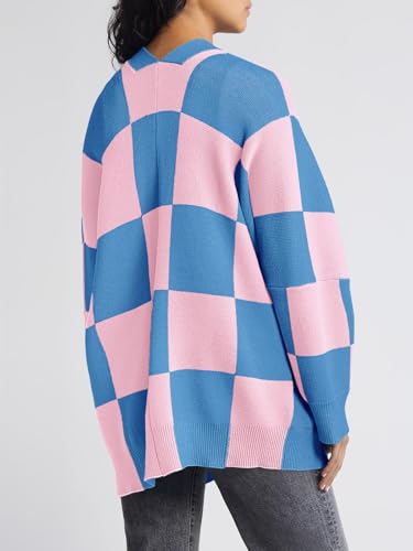 Saodimallsu Womens Checkered Sweater Color Block Plaid Oversized Cardigan Long Sleeve V Neck Button Down Knit Coats4