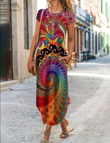 Image of Women Summer Casual Maxi Dress Floral Printed Loose Pockets Short Sleeve Split Boho Dresses