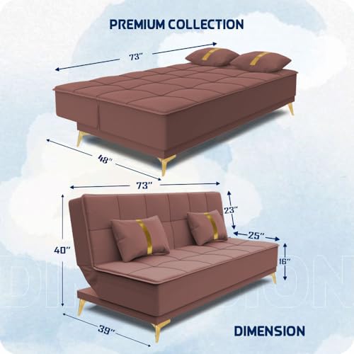 Image of Adorn India Premium New Alyssum 3 Seater Sofa Cum Bed 4X6 Velvet Suede with 2 Cushions (Color Pink) and Suitable for All Indoor, with 3 Years Warranty