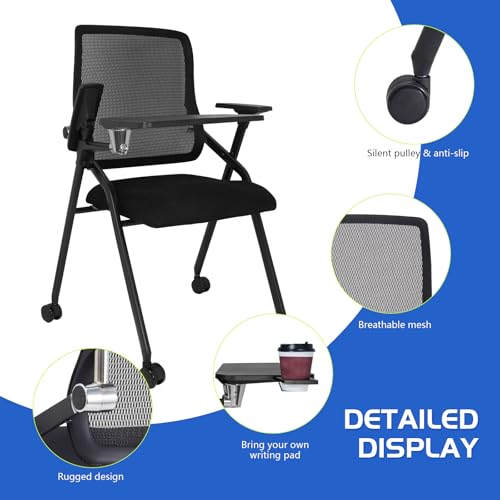 Image of Updated Conference Room Chairs with Tablet Arm, Folding Office Desk Chair with Lumbar Support and Sliding Armrest with Casters, Stackable Office Guest Chairs & Reception Chairs, 1 Pack Black