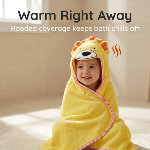 Image of EVERYDAY KIDS Hooded Baby Toddler Bath Towel for Boys and Girls - 3D Yellow Lion with Mane; Soft and Absorbent Terry Cloth Hooded Towel for Young Kids; Gender Neutral Baby Bath Essential
