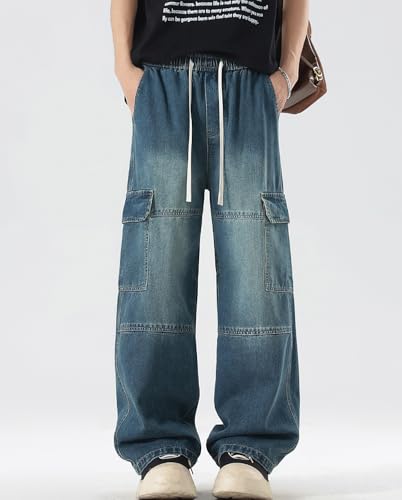 Mens Streetwear Baggy Cargo Jeans Drawstring Waist Loose Fit Hip Hop Jeans Vintage Loose Denim Pants Joggers4