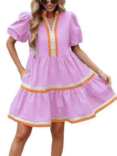 Image of LifeShe Womens Puff Sleeve Babydoll Dress V Neck Navy Blue Striped Color Block Tiered Mini Dresses
