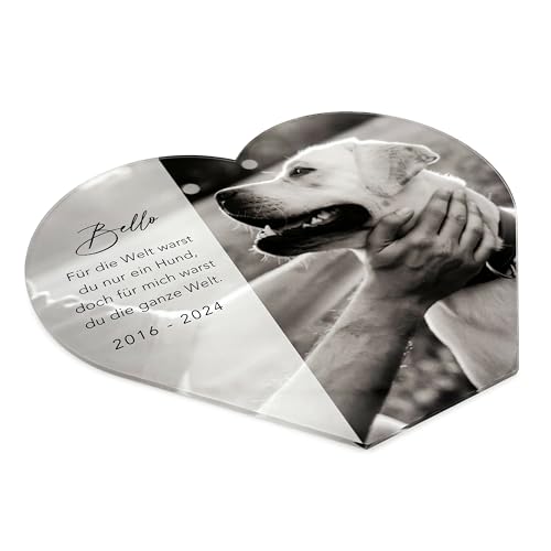 DEL MÀ Unique & Personal Andenken an verstorbenen Hund Bild Gedenktafel aus Acrylglas zur Erinnerung & Trauer personalisiert Glasherz mit Foto Geschenk für Hundebesitzer inkl. Holzfuß 20x22 cm (Herz)