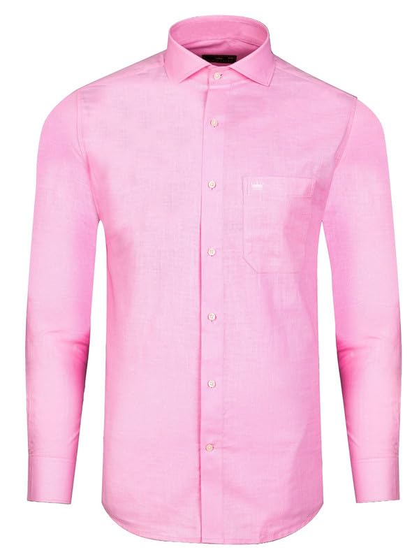 Image of FRENCH CROWN Men's Pink Linen Regular Fit Full Sleeves Casual Shirt