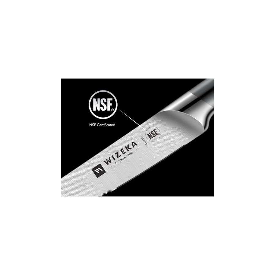WIZEKA Steak Knives Set of 8, German Stainless Steel 5 Inches Serrated Straight Edge Steak Knife Set, One Piece Design Knife Set of Steak with Box, Silver Wings Series