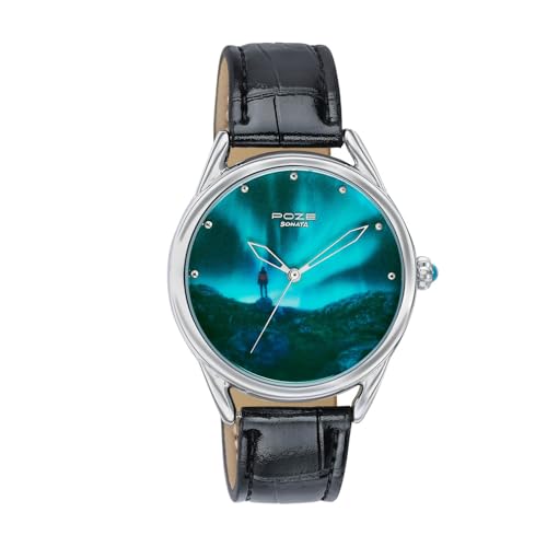 Image of Sonata Poze 8 Quartz Analog Northern Lights Inspired Watch for Unisex with Blue Luminous Dial & Black Leather Strap - SP70100SL02W