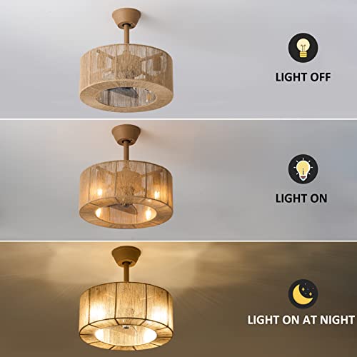 Boho Caged Ceiling Fan with Lights, 18 Inch Rattan Fandelier Ceiling Fans with Light and Remote Control, Coastal Enclosed 6 Speeds for Bedroom, Kitchen, Dining Room