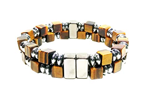 AURAS BY OSIRIS - Hematite & Tiger Eye Bead Bracelet For Men And Women - 2 Row - Magnet Therapy - Good Luck & Confidence - Arthritis & Joint Pain