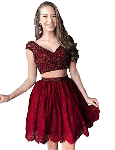 YIRENWANSHA Sexy Two Piece Homecoming Dresses for Women A Line Manual Beaded Lace Party Gowns Cocktail Dresses Empire Waist Formal Skirts YW53 Burgundy Size 8