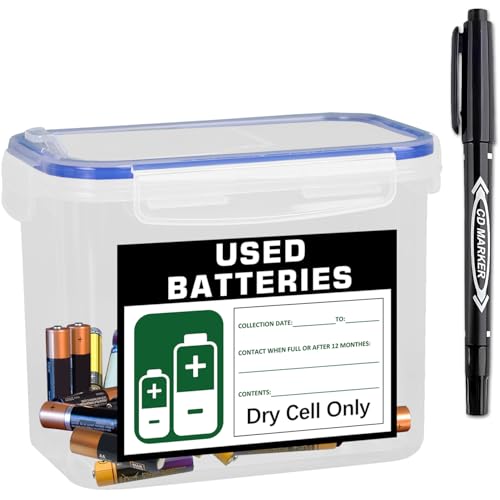 merrisport Battery Disposal Container for Used Dry Cell Batteries, Battery Recycling Storage Box with Label & Date Marker, Battery Organizer Bin for Home Office and Workplace Collection