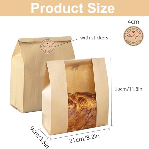 Large Paper Bread Bags for Homemade Sourdough-Bread Packaging Bag for Gifting, Label Seal Sticker Included Pack of 100(11.8x8.2x3.5 inch)