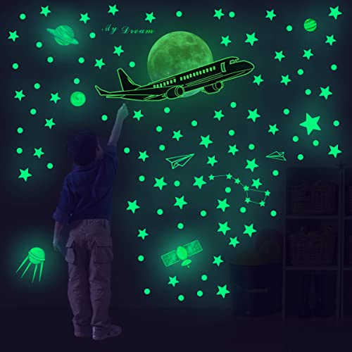 GROVBLE 372 Pièces autocollants lumineux lune, étoiles et avion, autocollants étoiles fluorescentes sont parfaits pour le plafond, la chambre d'enfant, la décoration murale Cover