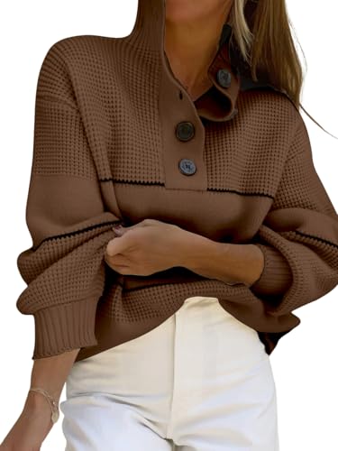 Image of chouyatou Women's Slouchy Waffle Knit Sweater 1 /2 Button Polo Collared Pullover Striped Sweater Tops