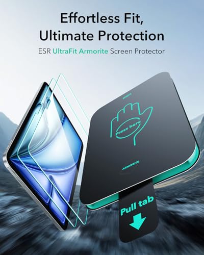 ESR 2 Pack Armorite Screen Protector for iPad Air 11 Inch M3/M2 (7th/6th Generation, 2025/2024), 9H Hardness Tempered Glass Screen Guard with UltraFit Tray, Military Grade, HD Clarity 3 41+RLmVK9ZL