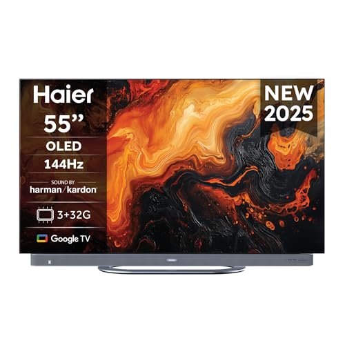 Haier OLED 4K HDR H55C95EUX 55' Smart TV, Google TV, Dolby Atmos, Suono Harman Kardon, Movimenti fluidi 144Hz, Controllo Vocale, Bluetooth 5.2, HDMI 2.1 x 4 [2025]