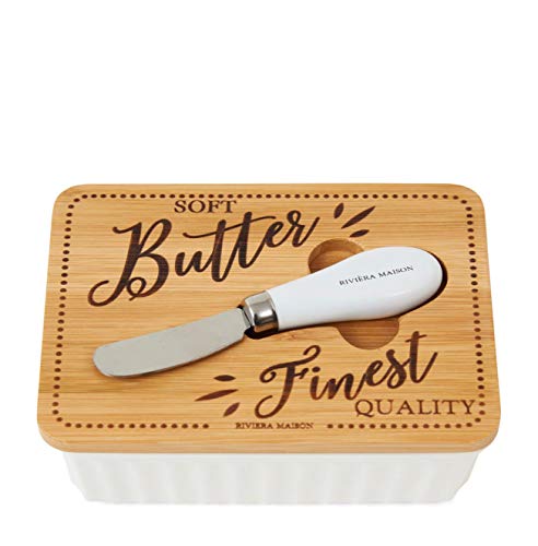 Riviera Maison - Butter Dish - Buttertopf mit Buttermesser - Porzellan/Mangoholz - Weiss/Braun - (BxH) 11 x 6cm