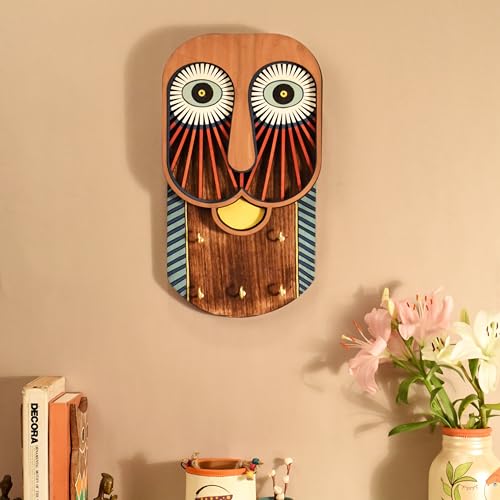 Image of AAKRITI ART CREATIONS Key Holder, Coco Tiki Mask Key Hanger | Rustic Wooden Wall Organizer with 5 Hooks | New Home Gifts | Multifunctional Entryway Decor Item