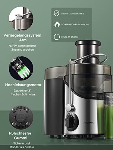 HOUSNAT Entsafter Gemüse und Obst, Max 800W Juicer Machine aus Edelstahl mit 3 Geschwindigkeitsstufen, 65mm Großem Mund Zufuhrschacht Zentrifugal Entsafter, Leicht zu Reinigen, BPA-frei, 400W