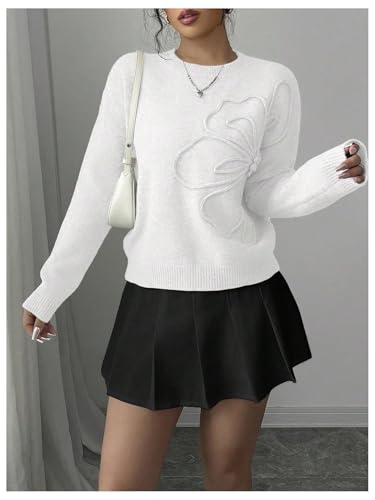 Image of Verdusa Women's Spring 3D Flower Appliques Crewneck Sweaters Long Sleeve Drop Shoulder Pullovers Knit Going Out Tops