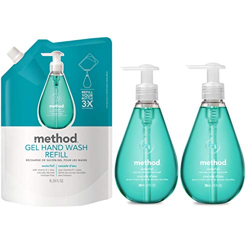 Method Gel Hand Soap Bundle with Two 12 oz. Dispensers & One 34 oz. Refill | Naturally Derived Hand Soap (Waterfall)
