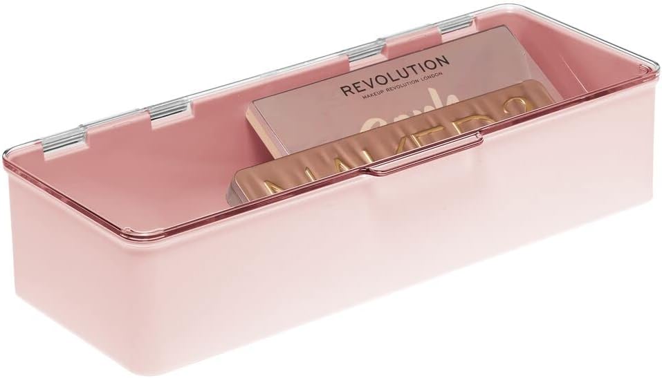 mDesign Long Plastic Cosmetic Storage Organizer Box Containers with Hinged Lid for Bedroom, Bathroom Vanity Shelf or Cabinet, Holds Masks, Palettes, Lotion, Astringents, Nail Polish, Light Pink/Clear