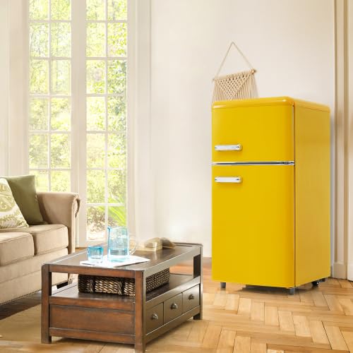 Mini Frigo Rétro 72L avec Congélateur 21L, Frigo Top Double Porte pour Chambre, Bureau et Studio, Petit Frigo Congélateur LED 46 x 45 x 91 cm, Jaune