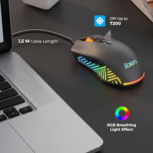 Image of Foxin Phantom GM 107 USB Wired Gaming Mouse with Upto 7200 DPI Gaming Sensor | 7 Buttons | Upto 10 Million Clicks | 7 Colours Rainbow Lighting | Ergonomic Design | 1.5m Cable (Black)