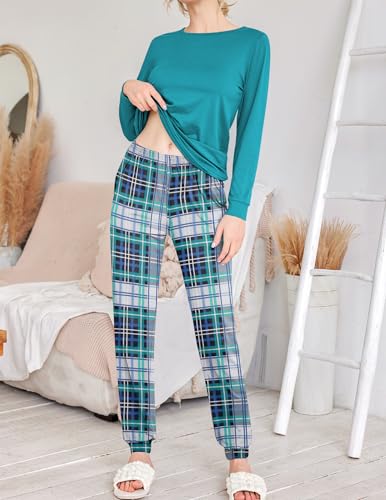 Image of Ekouaer 2 Pack Pajama Sets for Women,Long Sleeve Top With Jogger Pants Lounge Set Sleepwear with Pockets