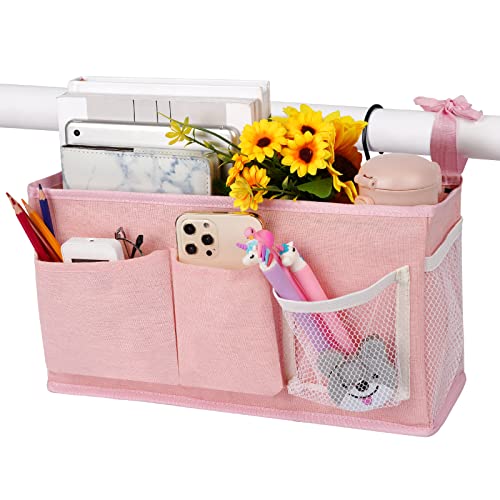Image of Loghot Bedside Caddy/Bedside Storage Bag Hanging Organizer for Bunk and Hospital Beds,Dorm Rooms Bed Rails,Can be Placed Glasses,Books,Mobile Phones,Keys (New Pink-1)