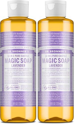 Dr. Bronner's Magic Soap-Pure-Castile Liquid Soap (Lavender, 8 ounce)-Regenerative Organic Certified Oils, 18-in-1 Uses: Body, Hair, Laundry, Pets &amp; Dishes, Concentrated, Vegan, Non-GMO (Pack of 2)