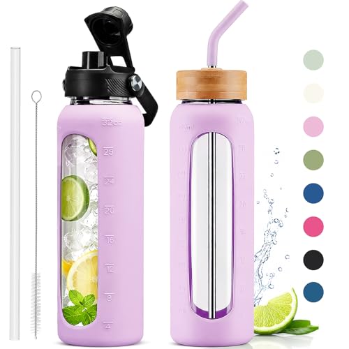 Image of 32 oz Glass Water Bottle with Straw - 2 Lids (Bamboo & Spout Lid), 1L Motivational Borosilicate Glass Daily Water Intake Bottle with Time Marker, Silicone Sleeve for Home Office-Purple