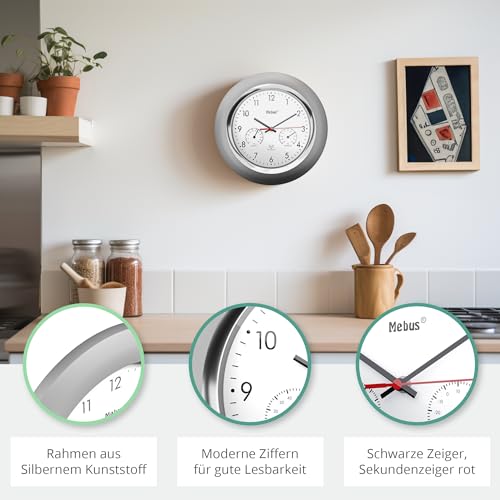 Mebus Radio-Controlled Wall Clock with Thermometer and Hygrometer/Silver Frame/White Dial/24 cm Diameter/Round/Model: 19454/Colour: Silver - Image 4