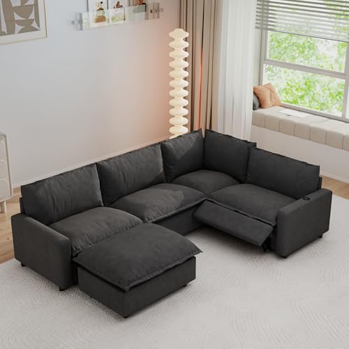 JACH 5 Seater Cloud Sectional Couch with Electric Recliner, Modular Sofa with Ottoman, Deep Seat Power Recliner Couch with USB/TypeC Port/Wireless Charging Station/Heatable Seat Cushion, Grey