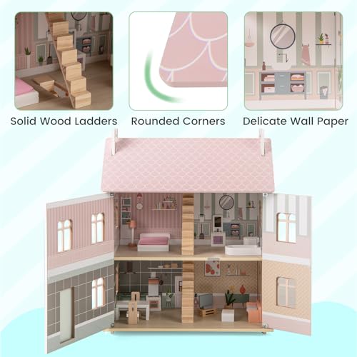 Costzon Wooden Dollhouse for Kids, 3-Level Dollhouse Playset with Double-Sided Roofs, 19 Furniture & Accessories, 5 Rooms, Pretend Play Toddler Doll House, Gift for Kids Aged 3+ (Multicolor) - Thumbnail 7