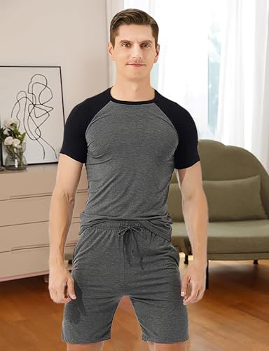 Men Modal Pajamas Set Comfy Sleepwear Soft Short Sleeve Top & Bottom PJS Lounge Set 2 pieces with Pockets S-XL2