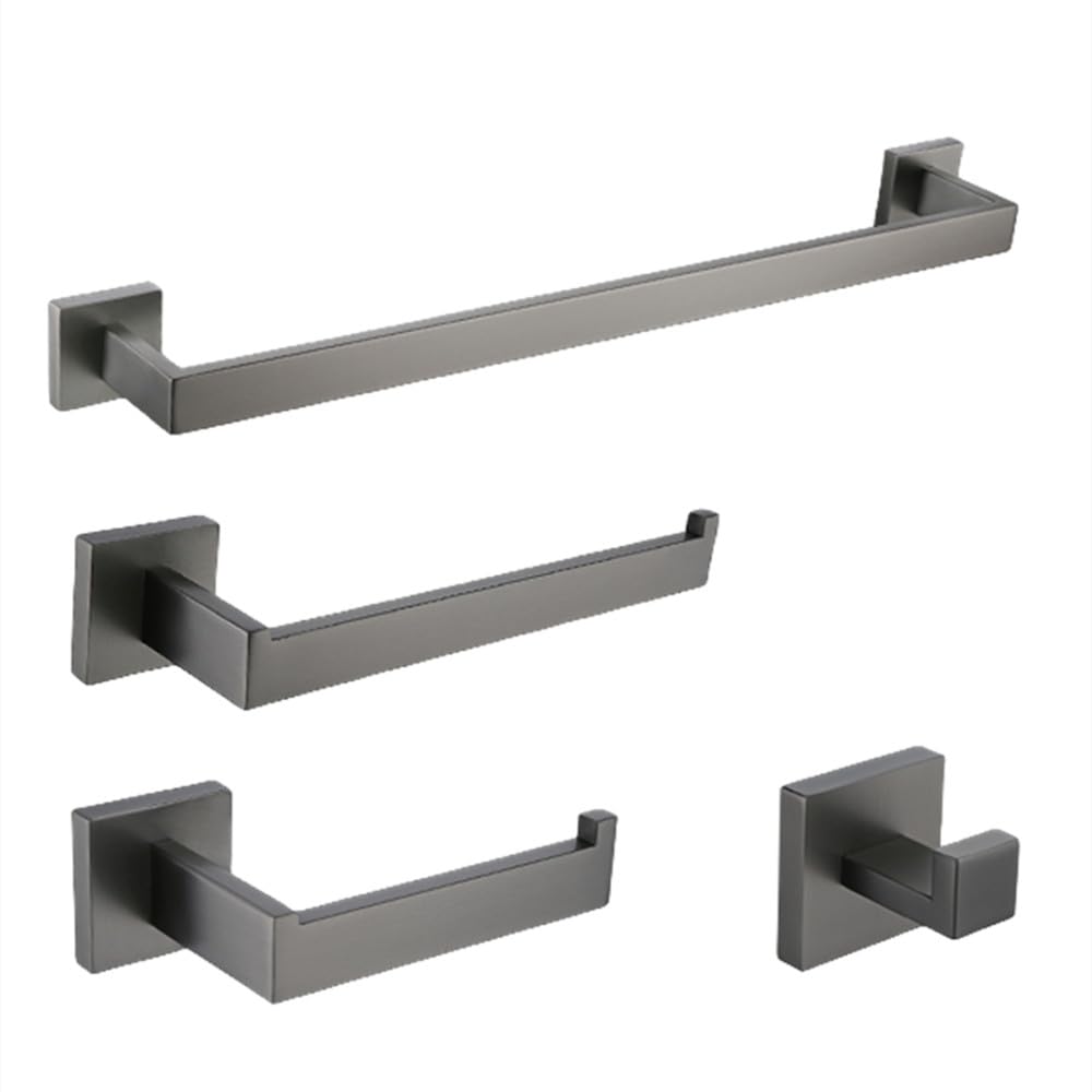 Juego de accesorios de baño de acero inoxidable cepillado gris – Toallero de 50 cm, soporte para papel higiénico, gancho para bata y toallero – Acabado moderno de metal para decoración de baño