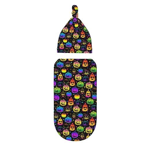 Image of Neon Pumpkin Newborn Swaddle Blanket with Hat Sets Newborn Receiving Blanket for Boy Girl Swaddle Sack Shower Infant Gift