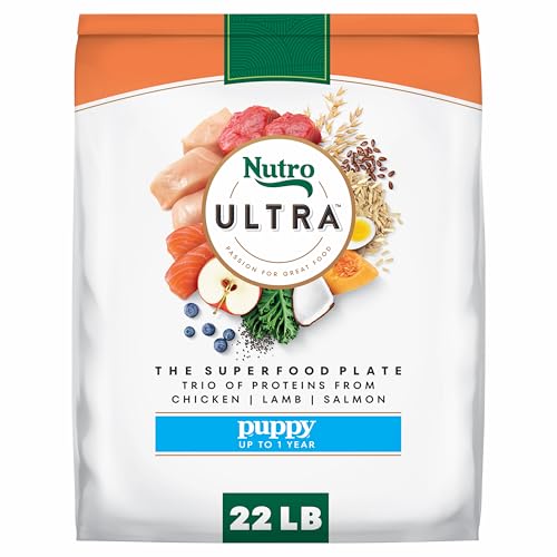 Nutro Ultra High Protein Puppy Dry Dog Food, Chicken, Lamb & Salmon, 22 lb | Protein trio, Non-GMO, DHA for brain & eye development, 14 superfoods, no corn, wheat, soy, Omega 3 & 6, tailored for puppies