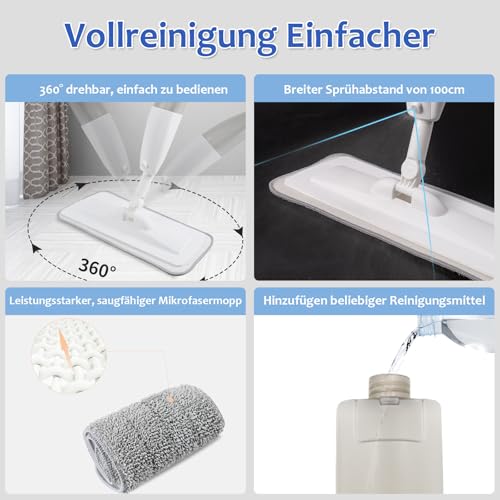 Bodenwischer mit Sprühfunktion, Sprühwischer Bodenwischer mit 6 Waschbaren Mikrofaser Pads, Spray Mop 360 Grad Rotierender Wischmopp mit 350ML Wassertank, Home Küche Wischer Bodenreinigung – Bild 5