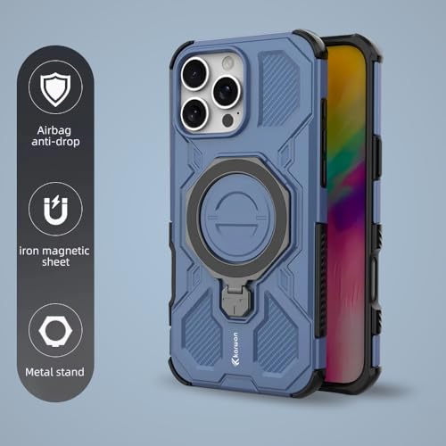 Image of KARWAN Tough Shockproof Armor Back Case Cover Compatible with iPhone 16 Pro Max with 360 Degree Rotation Magnetic Attraction Ring, Holder Heavy Duty Cover with MagEaze Wireless Charging (Blue)