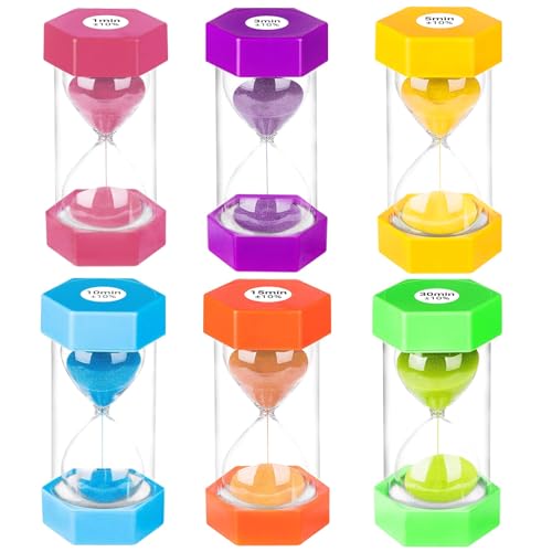 Zorplex Lot de 6 Sabliers Colorés, Minuteries 1/3/5/10/15/30 Minutes, Minuteur Sablier pour Enfants et Adultes, Idéal pour Cuisine, Jeux, Apprentissage et Maison