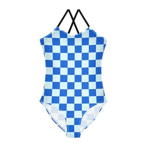 Image of Black and White Chess Girls One Piece Swimsuits Board Marble Tile Sport Halter Swimwear Beach Bathing Suit 3T