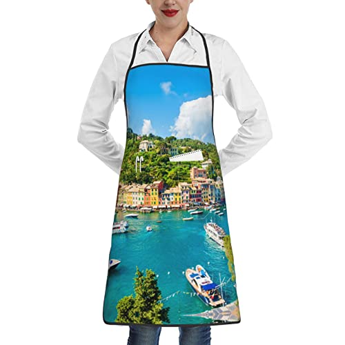 Evealyn Mediterranean View Printed Bib Apron Chef Apron Cooking Aprons Water Drop Resistant Kitchen Aprons With 2 Pockets For Women Men Chef #TOP18