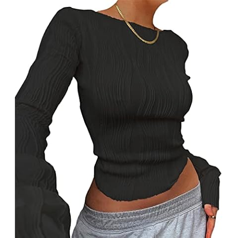 Women Long Sleeve Pullover Round Neck Blouses Slim Fit Ribbed Tops Sexy Abstract Printed Streetwear Casual Retro Solid Shirt (Black, S) Cover