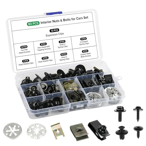 Riisoyu 80 Pièces Vis Carrosserie Voiture Set, Voiture Kit de Clip à Vis Carrosserie Voiture avec Verrouillage Rondelle Clips U Clips Carrosserie Vis de Soubassement Écrous et Boulons pour Auto