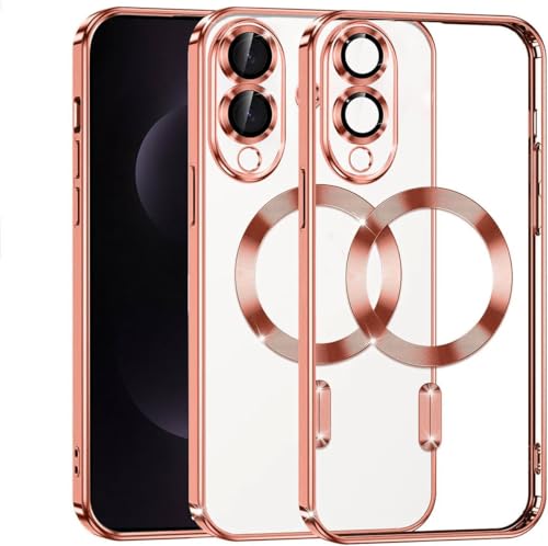 Image of VONZEE Clear Logo Electroplating Transparent Clear Case for Samsung Galaxy S25 Edge 5G, Magnetic Plating [Support for MagSafe Charger] Electroplate TPU Cover-Rose Gold