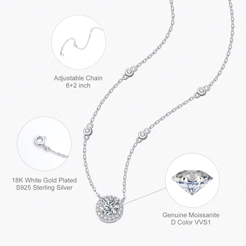Moissanite Halo Pendant Necklace for Women, 18K Gold Plated 925 Sterling Silver, 1-3CT Lab-Created Diamond D Color VVS1 Round, Hypoallergenic Moissanite Pendant Necklace, Valentines Anniversary Jewelry for Wife (Round Halo, 18K White Gold Plated S925, 1CT) — view 5